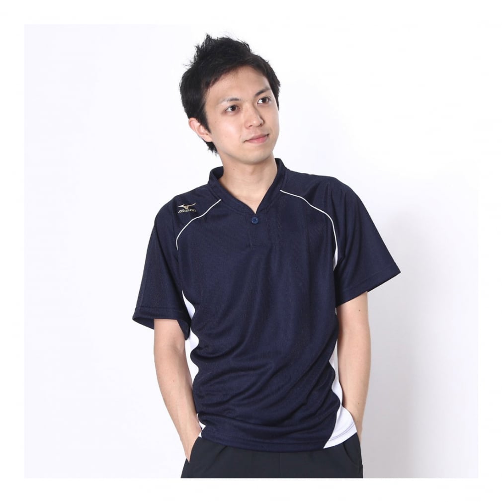 ミズノ メンズ 野球 半袖Tシャツ ベースボールシャツ 小衿 ハーフボタン (12JC6L11) : ネイビー×ホワイト MIZUNO