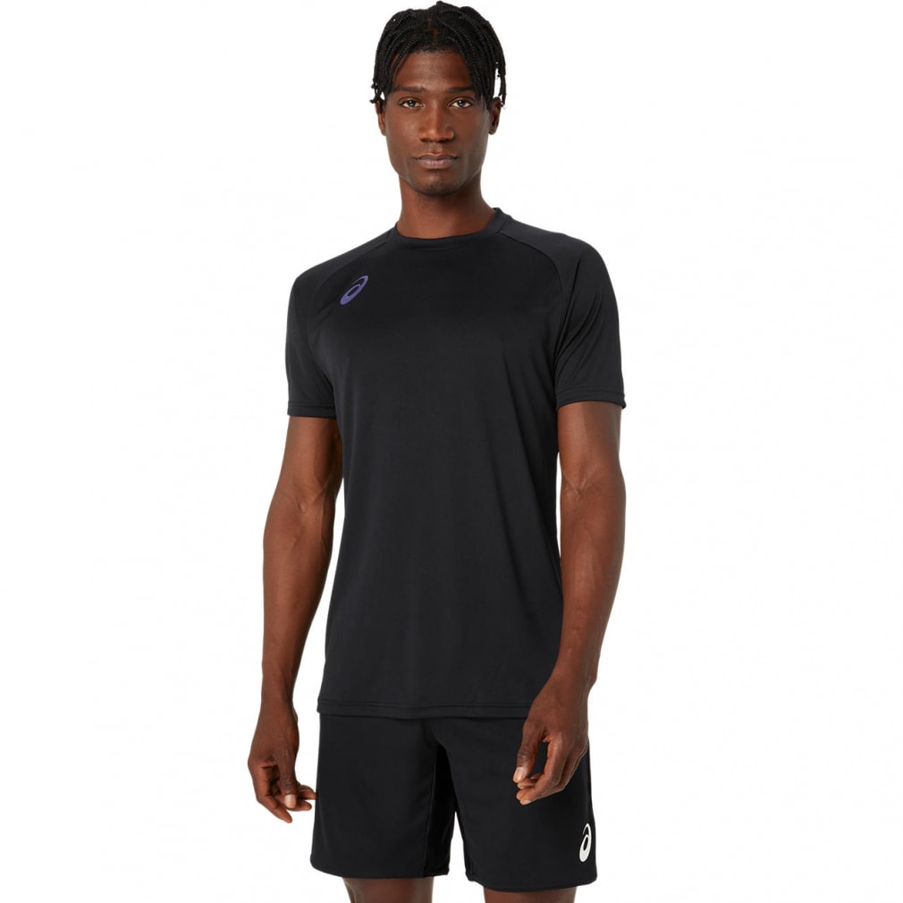 アシックス メンズ レディス バレーボール 半袖Tシャツ ドライプリント半袖シャツ(オーロラ) SS TOP 2053A163 ASICS ブラック×ピンク XL ユニセックス